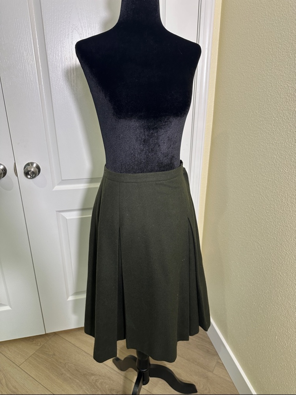 Vintage Wool Olive Green A-Line Pleated Skirt.